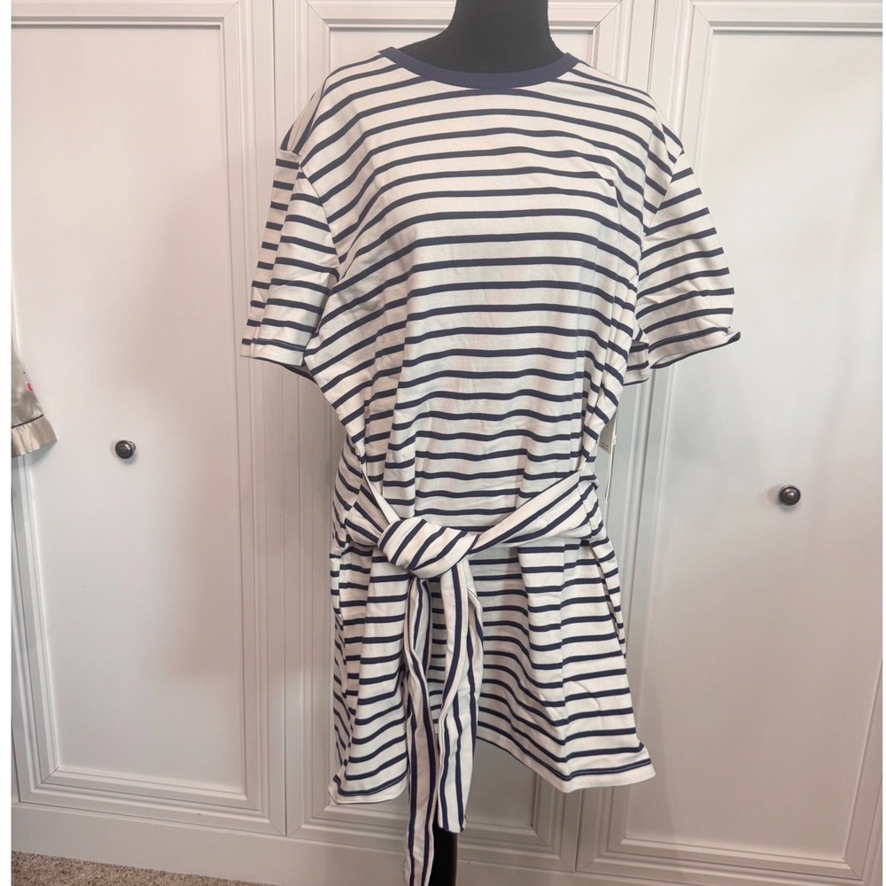 Anthropologie Navy Striped Daily Practice Tie Waist Dress Large - Picture 2 of 6